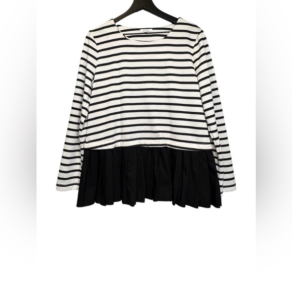 Pleione | Pleated Black & White Stripe French Terry Top Sz L - Picture 2 of 9